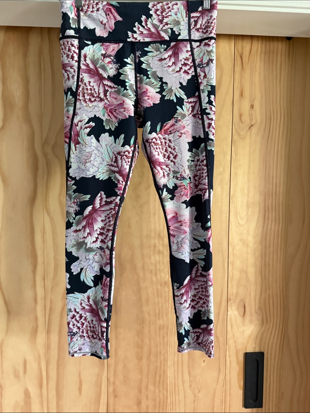 Athleta Black Floral Leggings with Pink & Cream Blooms